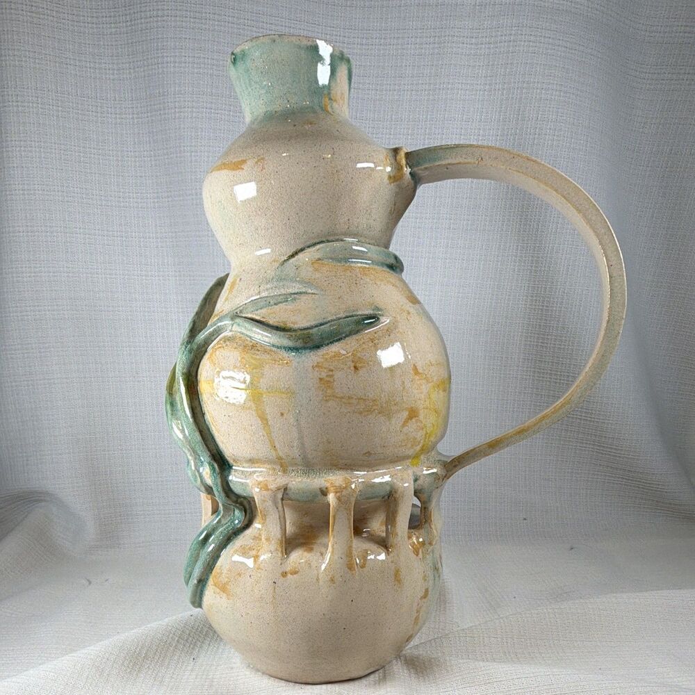 Handmade Multi Tiered Ceramic Pitcher Vase Vine Motif Studio Art Pottery 11.75”